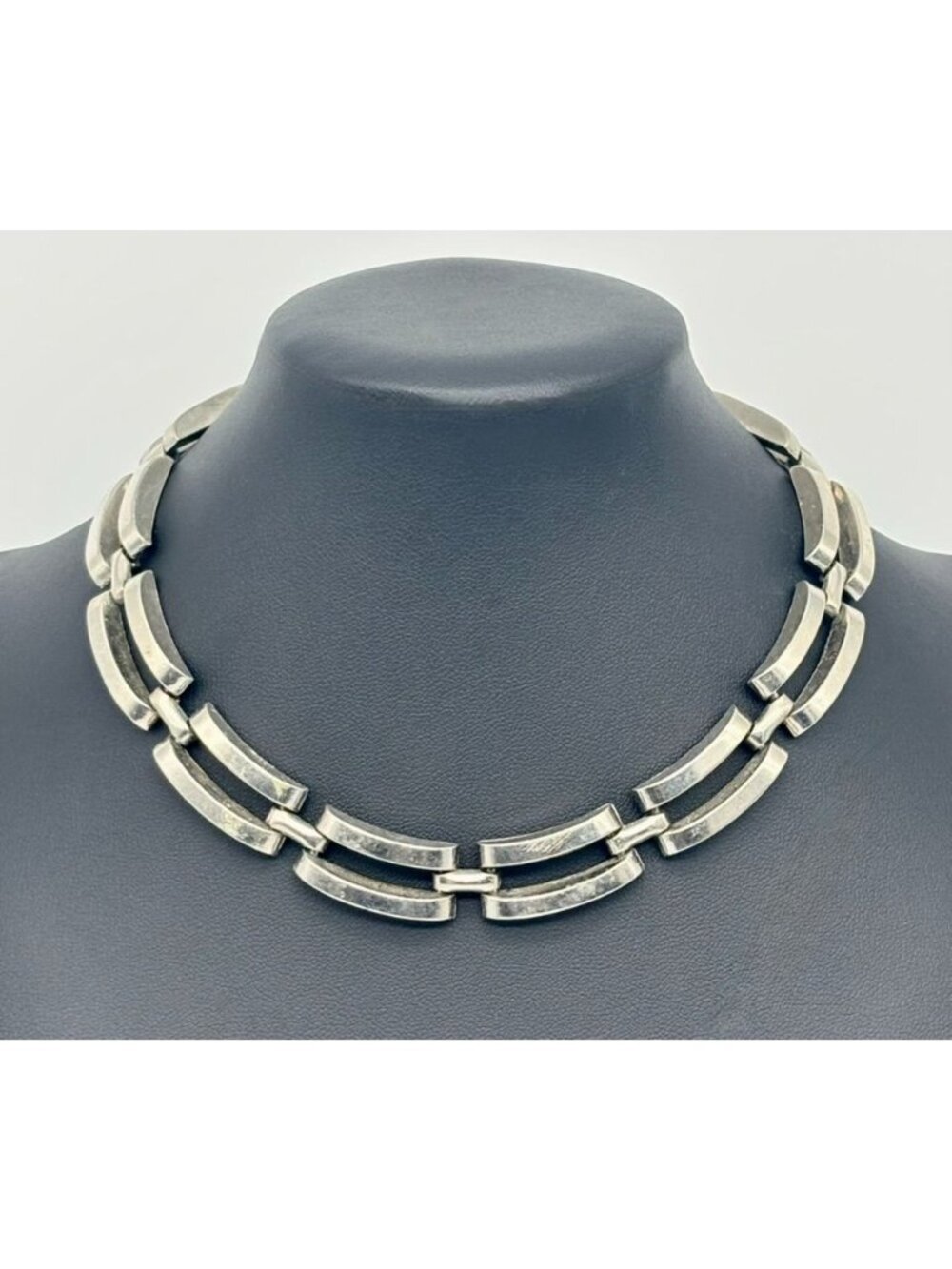 Vintage Art Deco Silver-Tone Open Rectangular Links Collar Necklace Adjustable~~